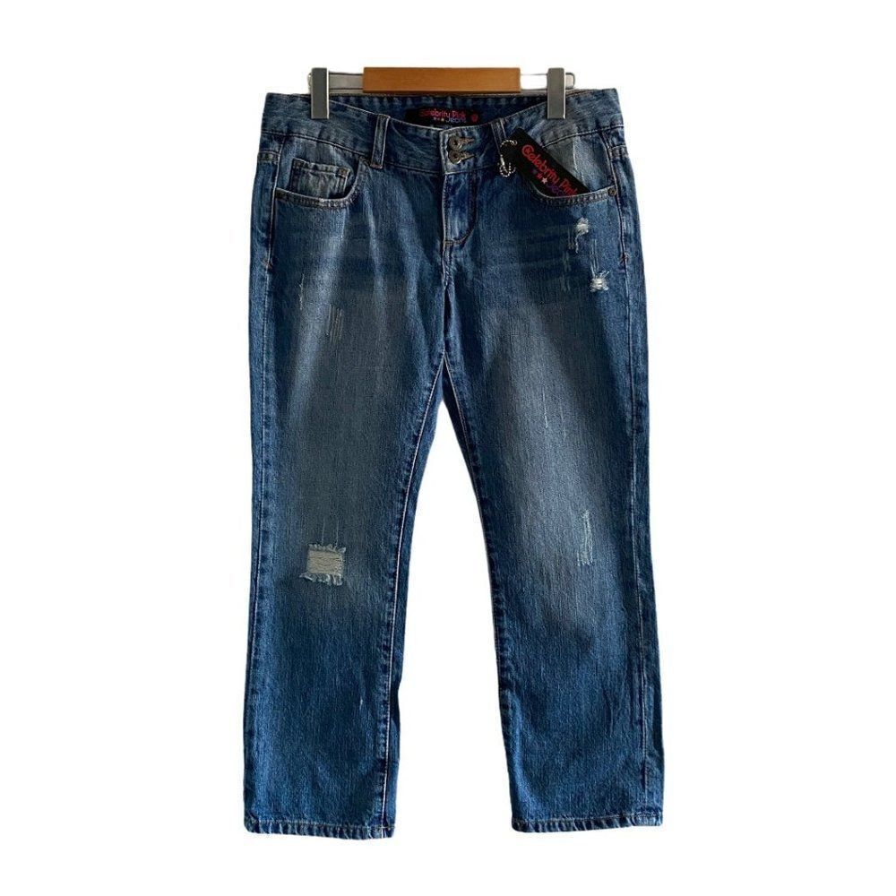 CELEBRITY PINK Women's Blue Medium Wash Mid Rise Cropped Distressed Jeans US 7